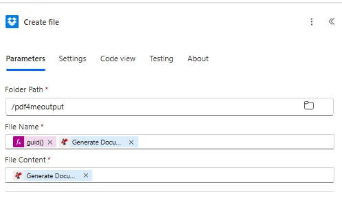 Dropbox Create file action in Power Automate with Folder Path set to pdf4meoutput, File Name built from guid() plus the generated document, and File Content mapped to the generated document